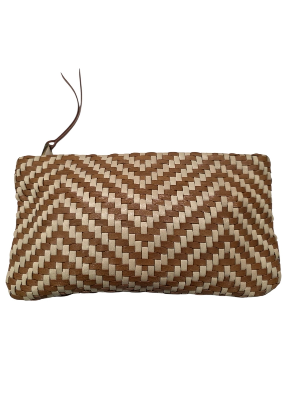 Handwoven Brown and Cream Leather Wristlet Clutch